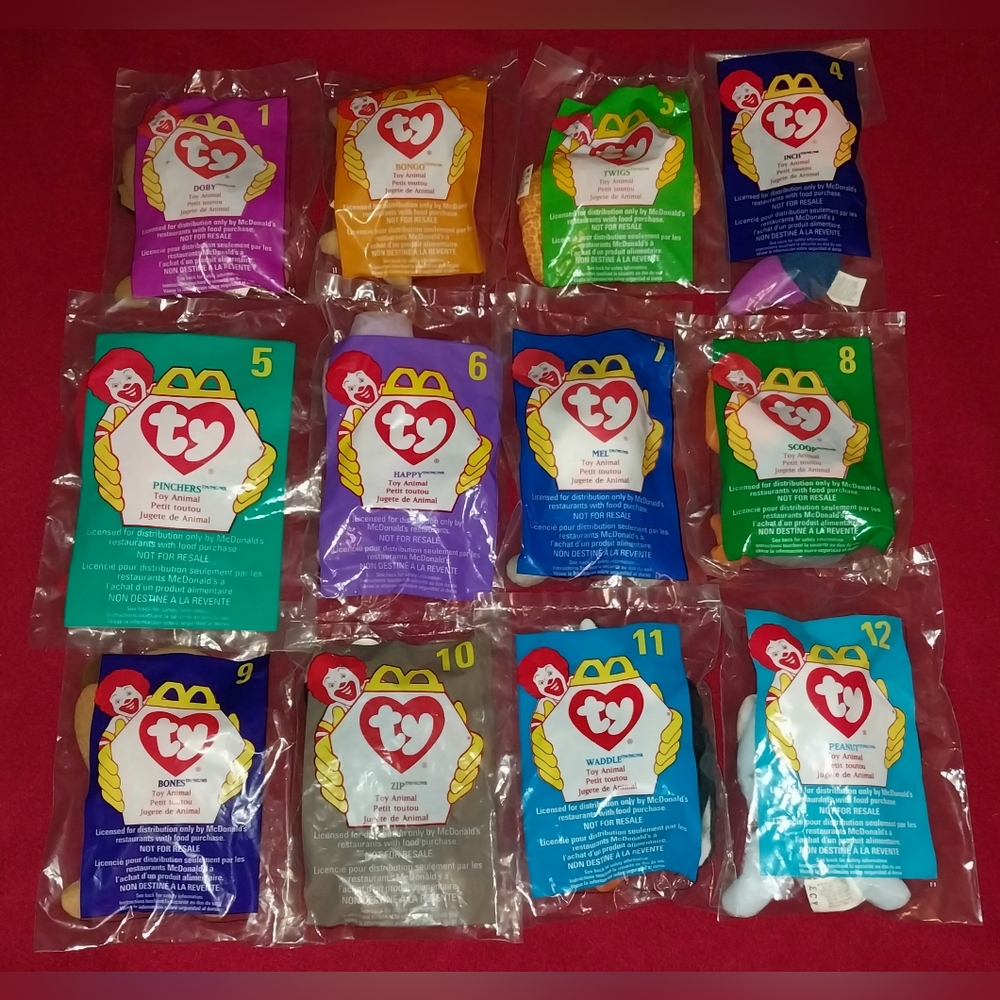 Complete Set of 12 Vintage 1998 McDonalds TY Teenie Beanie Babies in Sealed Bags